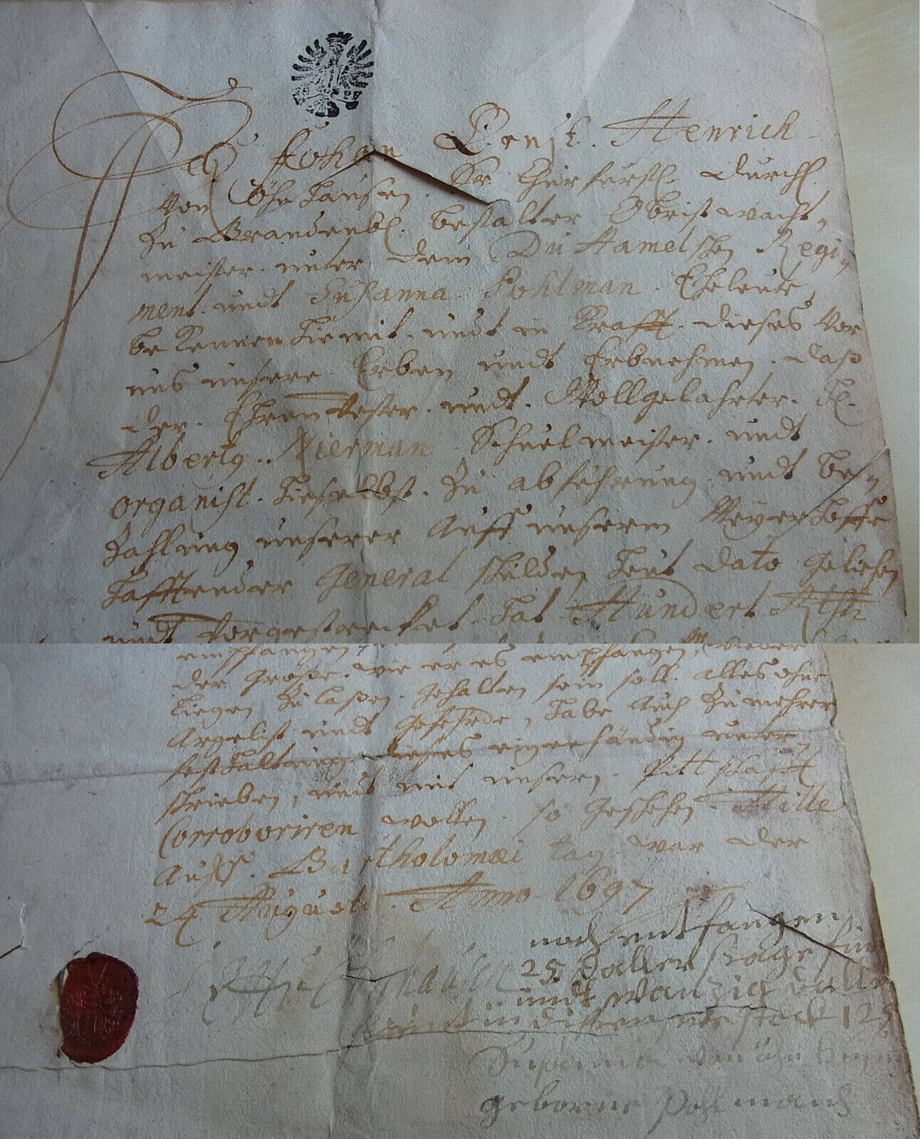 Promissory note from Hille 1697, sealed from Johann Ernst Heinrich von Oeynahusen and Susanna Pohlmann