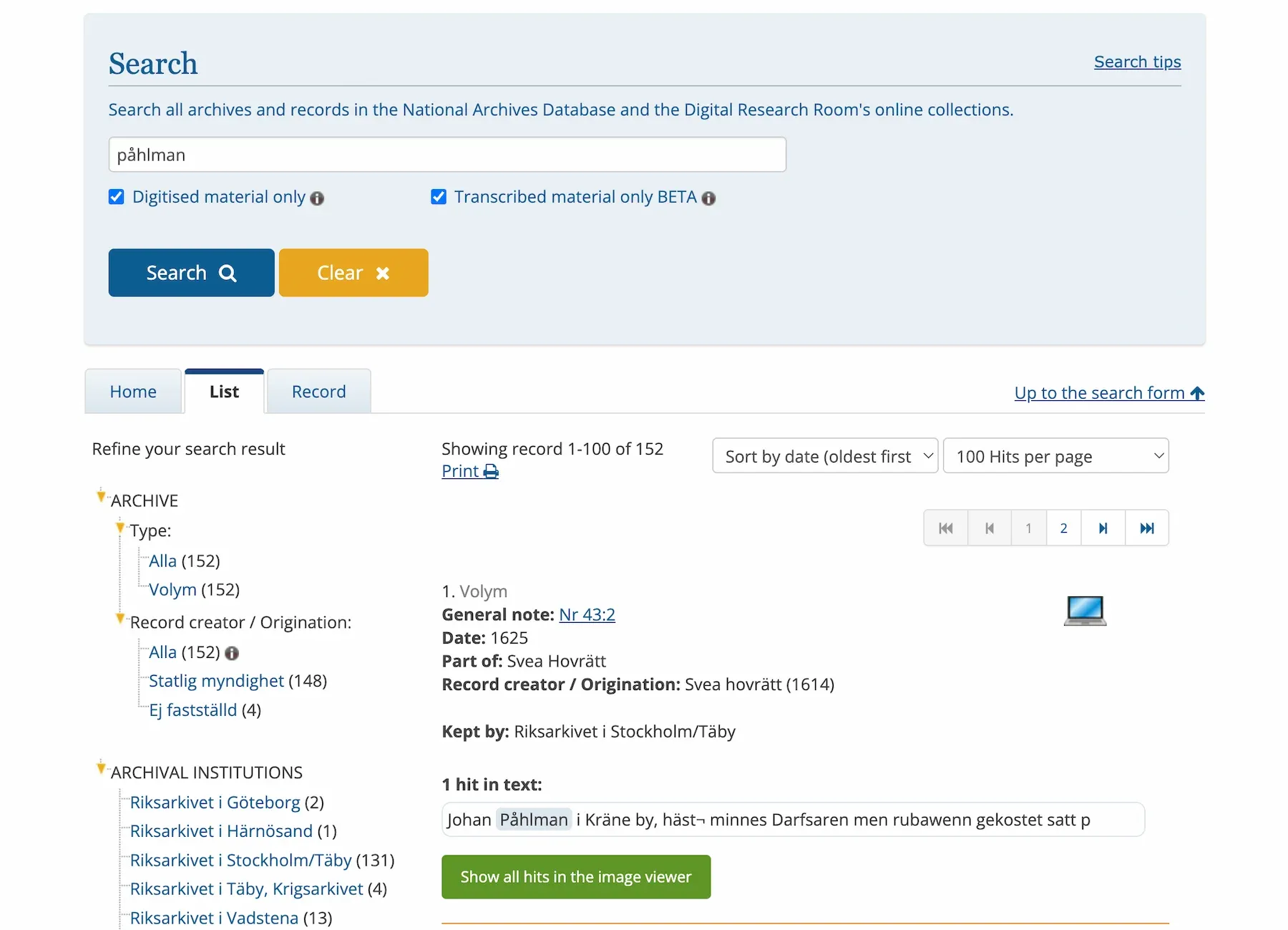Riksarkivet search results page