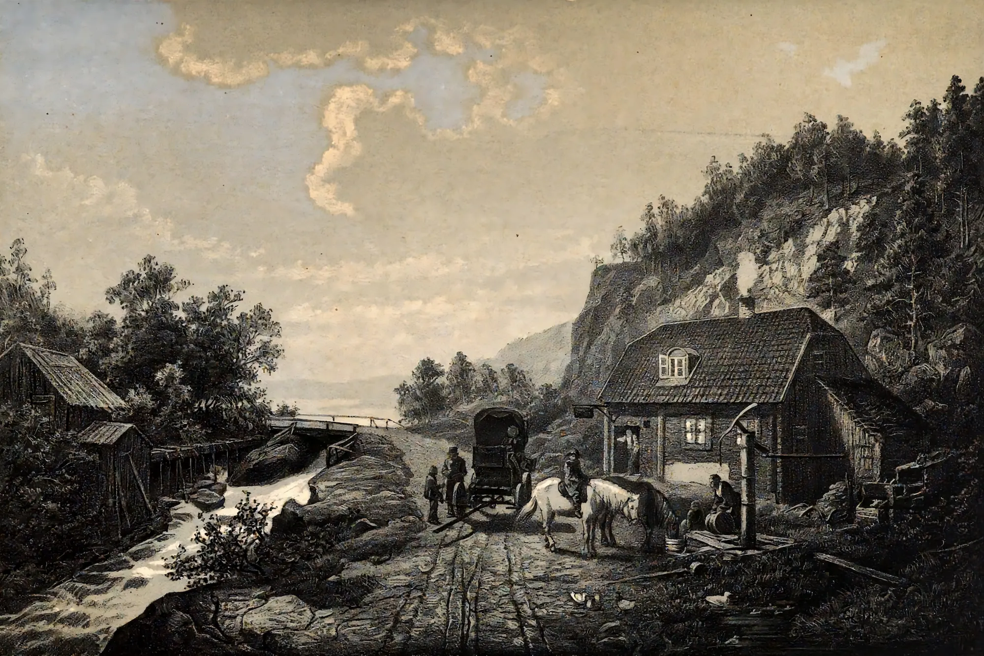 A 19th century lithograph of an inn in Småland