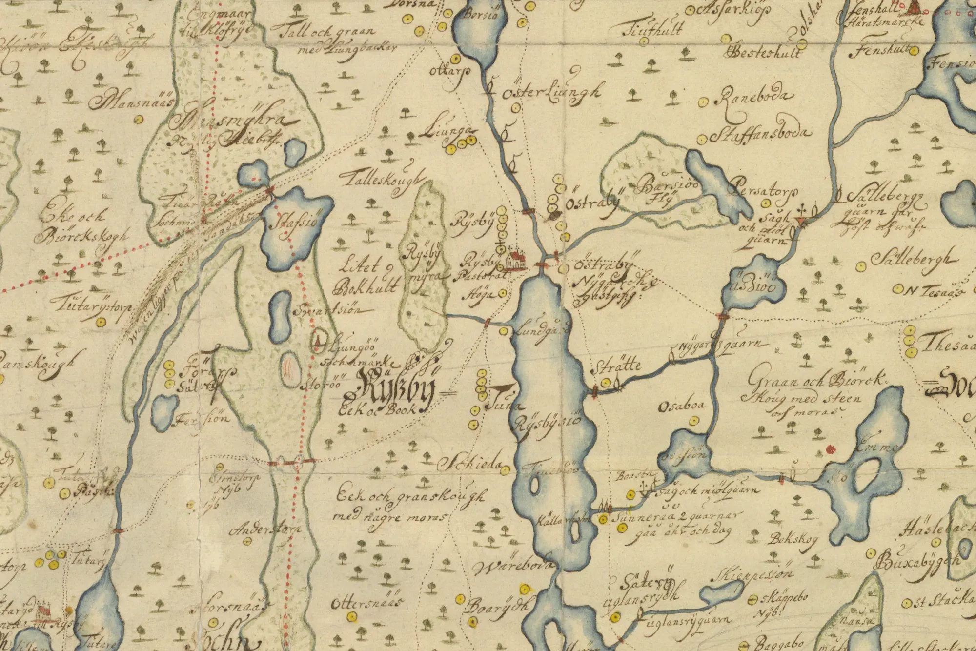 A map from 1685 showing Ryssby parish and the first recorded instance of Nygård