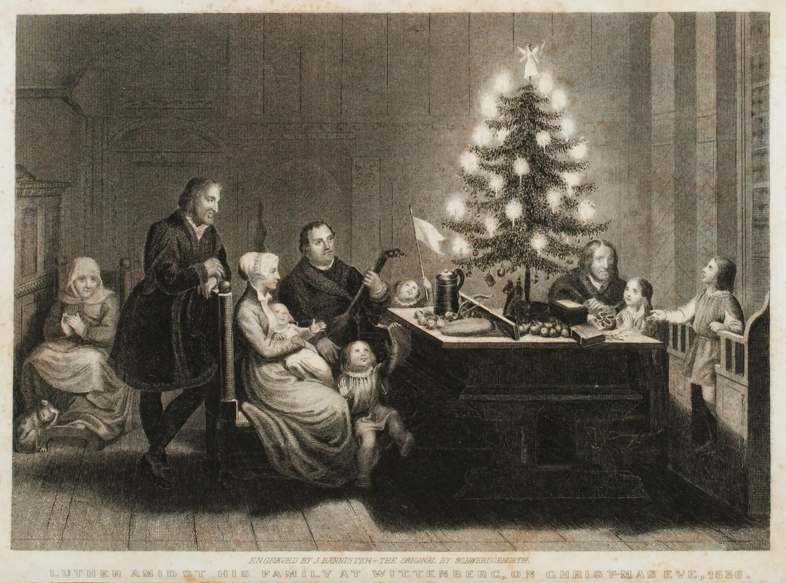 Illustration of Martin Luther and his family with a Christmas tree