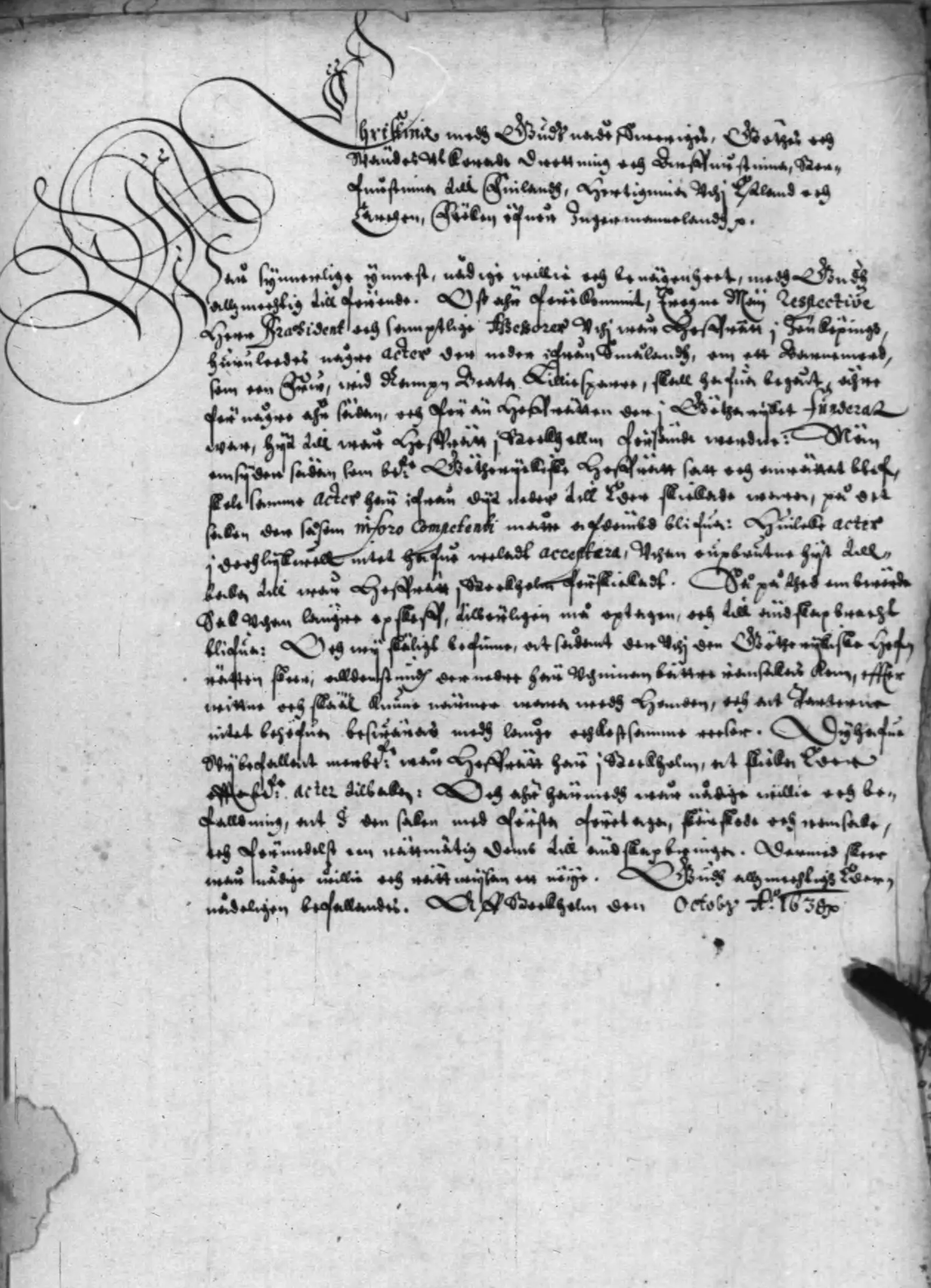 Royal mandate from the regency government of Queen Christina to the Göta Hovrätt, 1638